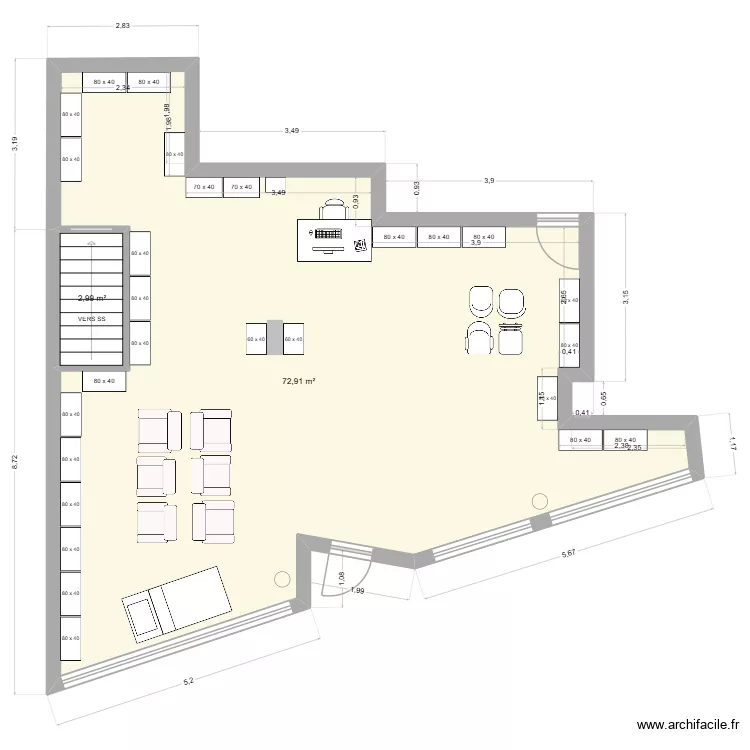 Paris 13 apr&egrave;s travaux. Plan de 2 pièces et 76 m²