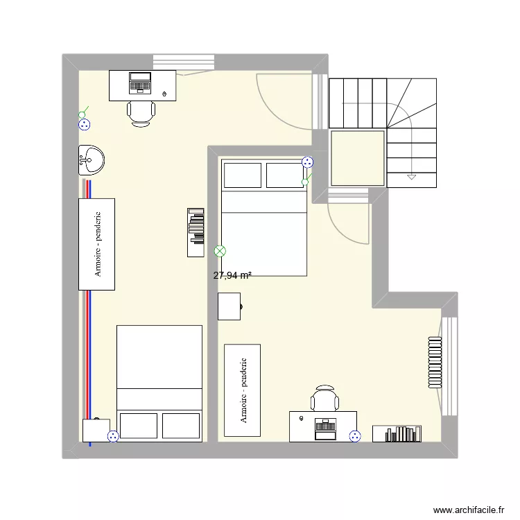 chambre frikie v1. Plan de 1  et 28 m²