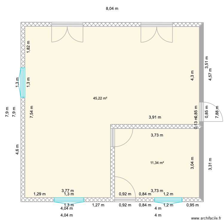 PLAN EXE cote béton. Plan de 2 pièces et 57 m2