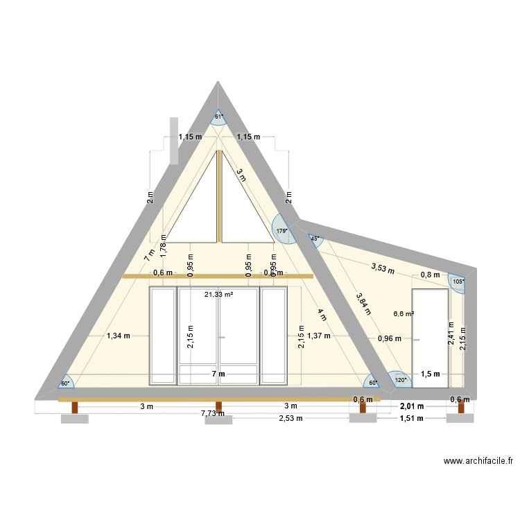 mur 1. Plan de 2 pièces et 28 m2