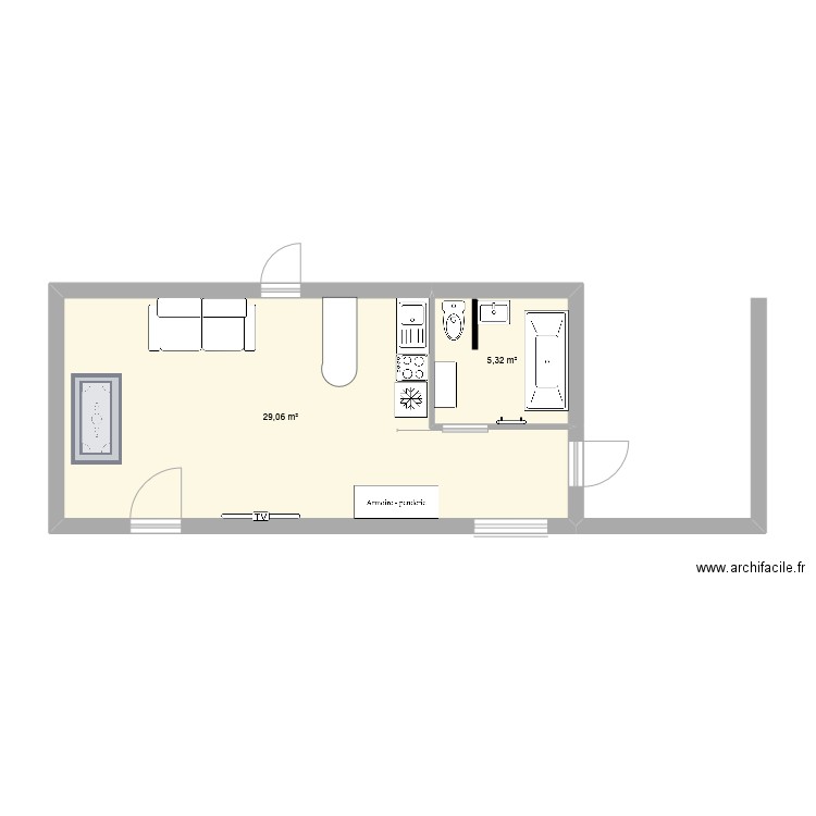 Sdb sous sol. Plan de 2 pièces et 34 m2