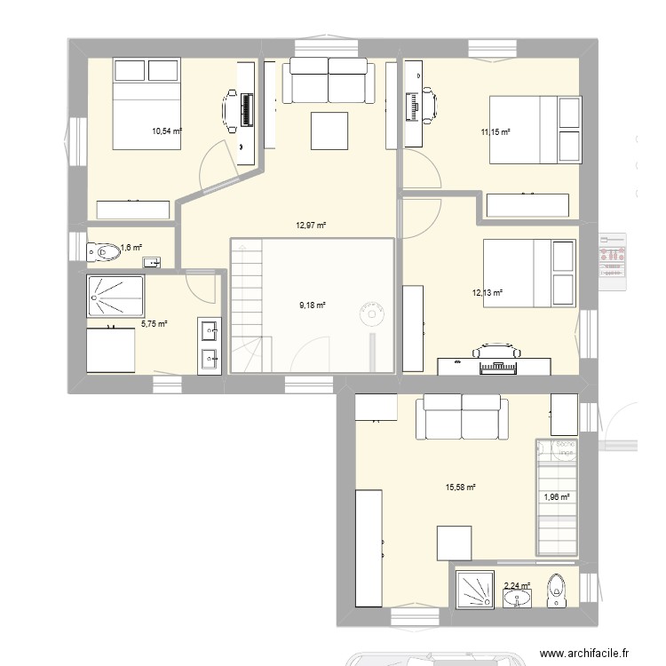 garage à droite. Plan de 19 pièces et 265 m2