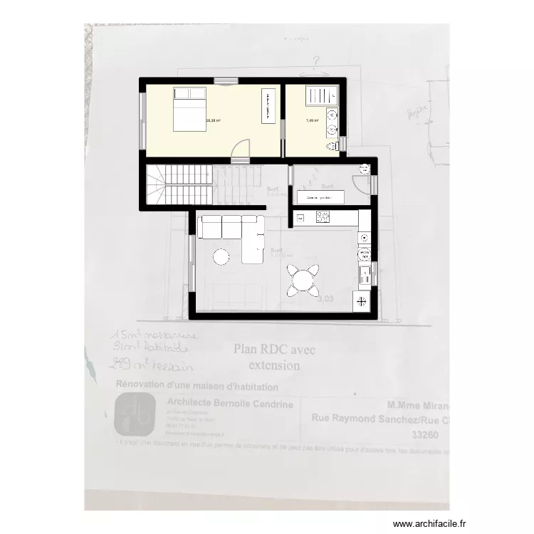 RDC maison. Plan de 2 pièces et 26 m²