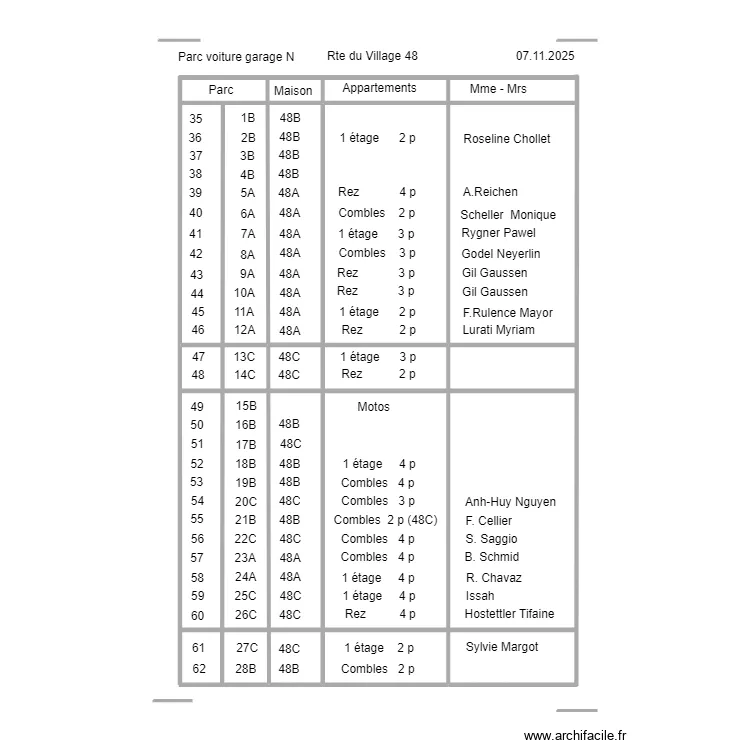D-1 Parc voiture garage N. Plan de 