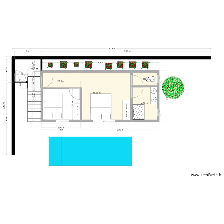 Etage kiosque. Plan de 3 pièces et 23 m2