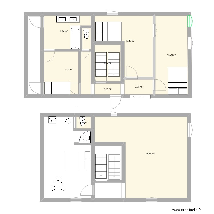 chambre 2e etage. Plan de 13 pièces et 110 m2