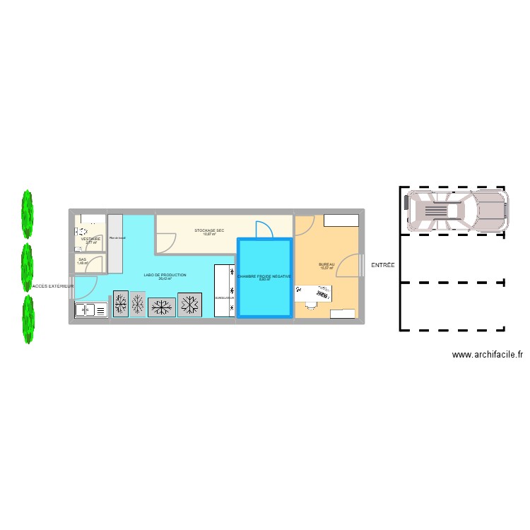 Laboratoire de production. Plan de 6 pièces et 76 m2