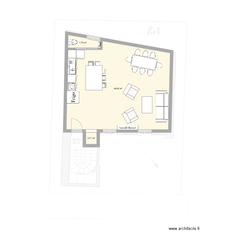 Levis Salon. Plan de 3 pièces et 47 m2