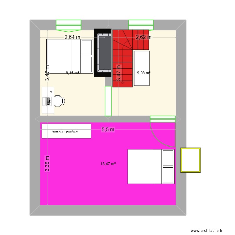 2ème136 - pointe du toit. Plan de 3 pièces et 37 m2