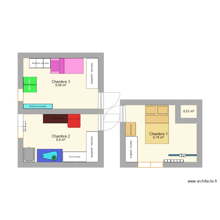 Chambres. Plan de 4 pièces et 27 m2
