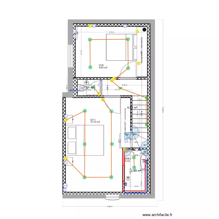 Etage. Plan de 3  et 8 m²