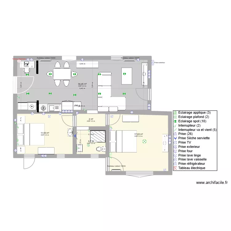 gites, plan &eacute;lectrique V2. Plan de 5  et 70 m²