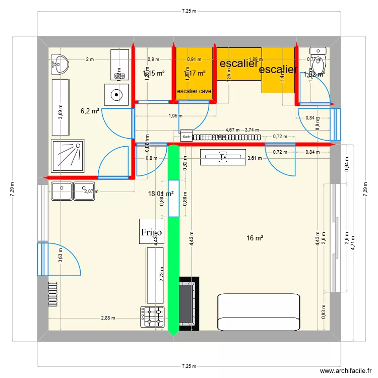 RDC maison. Plan de 6  et 44 m²