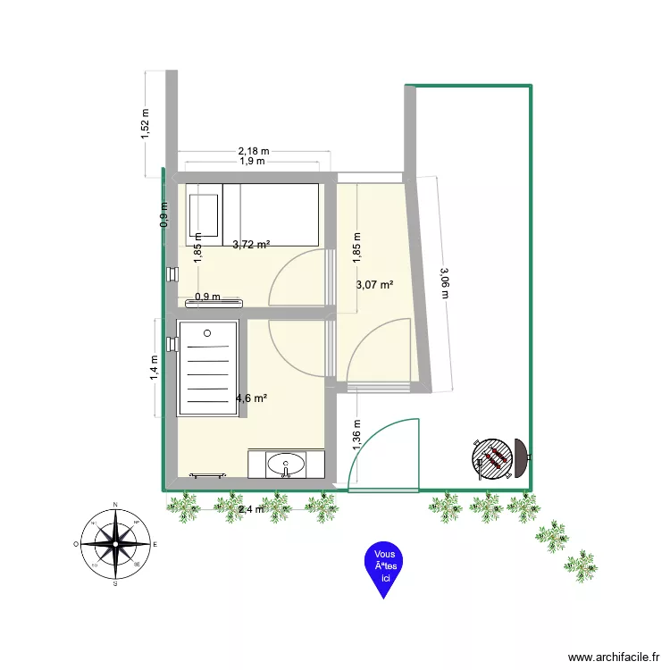 Hute. Plan de 3  et 11 m²