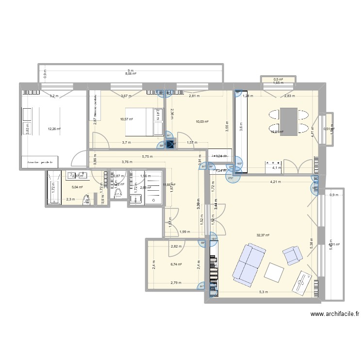 Appart Vincennes refonte cuisine. Plan de 15 pièces et 124 m2