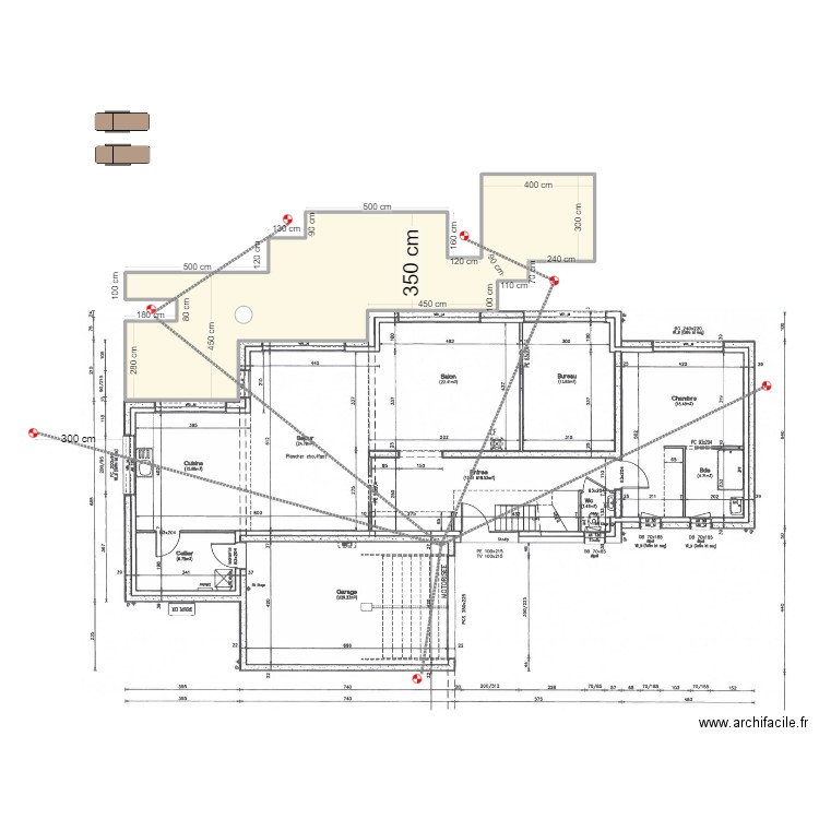 terrasse. Plan de 1 pièce et 57 m2