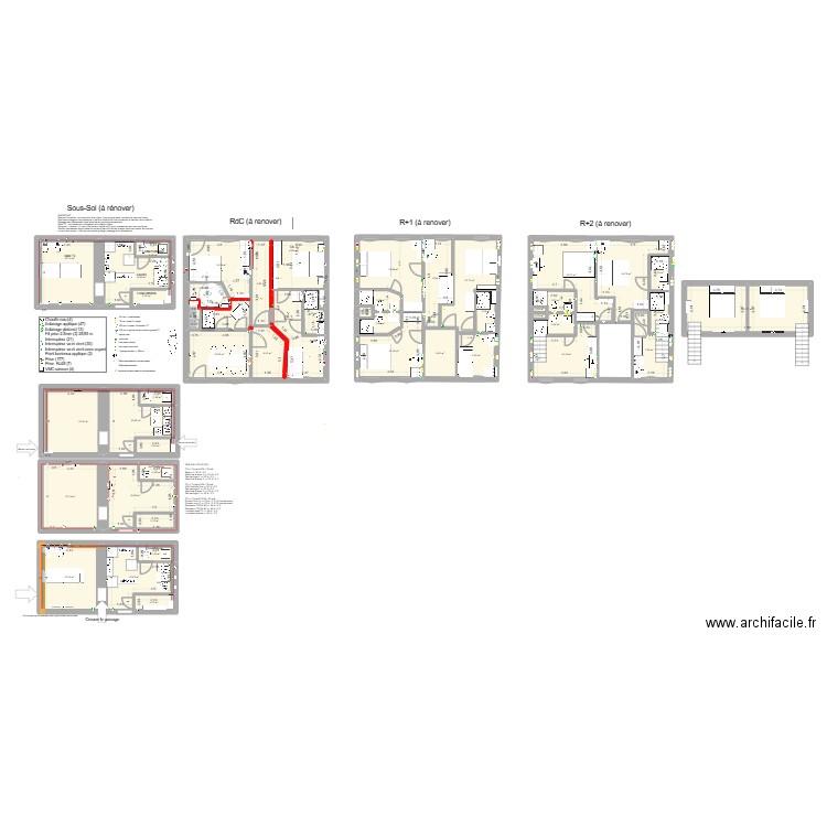 Sous-sol + RdC. Plan de 47 pièces et 338 m2