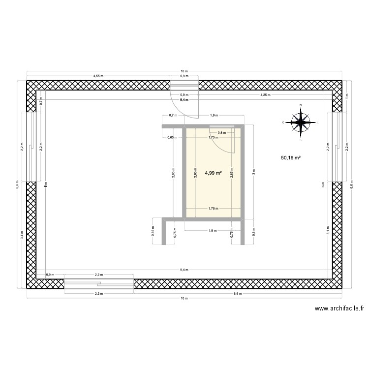 6.6x11. Plan de 2 pièces et 61 m2