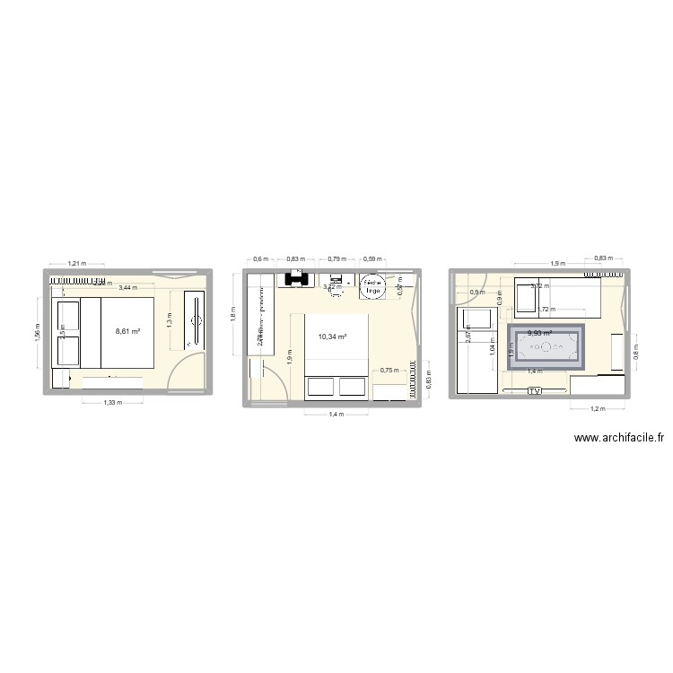 Chambre enfants. Plan de 3 pièces et 29 m2