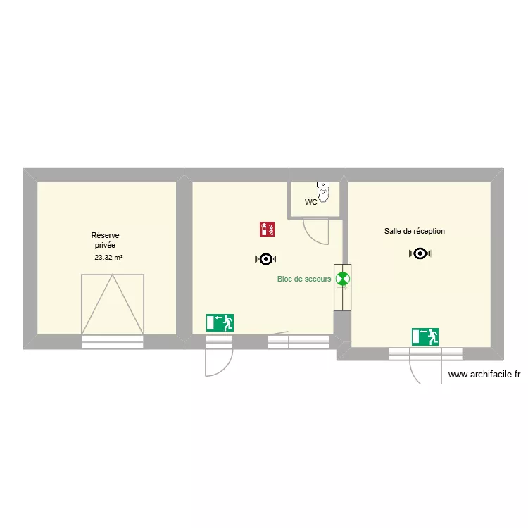 salle plan d'&eacute;vacuation. Plan de 3  et 74 m²