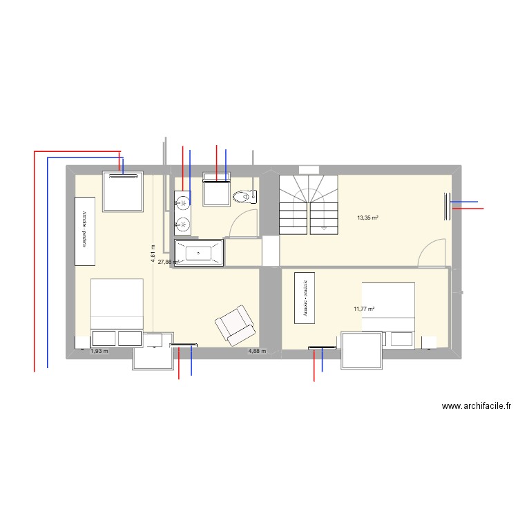 ETAGE MANCHE 1. Plan de 3 pièces et 53 m2