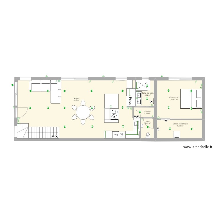 Villa 3 rdc Eclairage RDC vide. Plan de 6 pièces et 81 m2