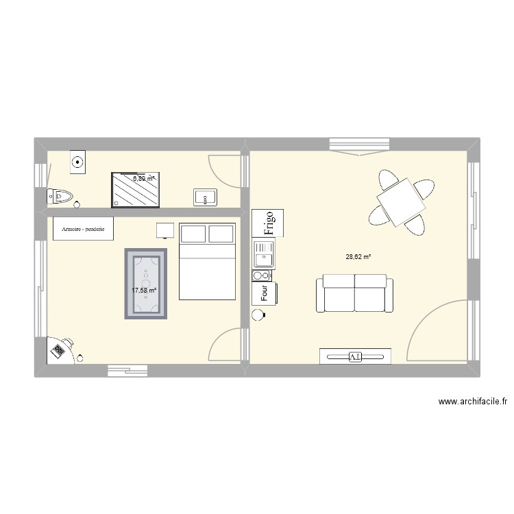 1 appart hlga 1. Plan de 3 pièces et 53 m2