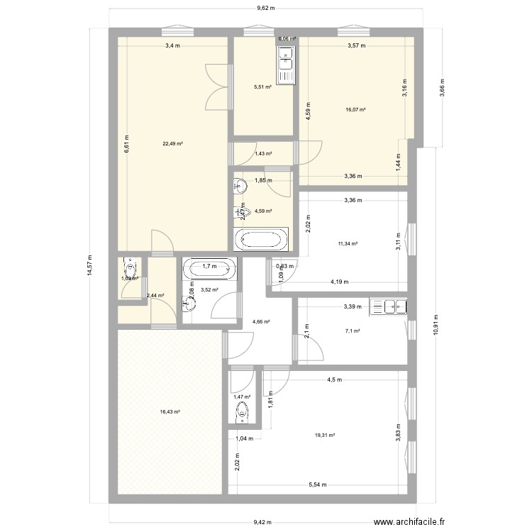 2eme bis. Plan de 15 pièces et 117 m2