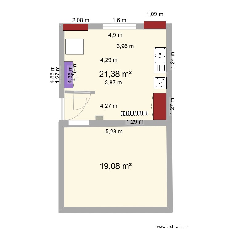 cuisine 2. Plan de 2 pièces et 40 m2