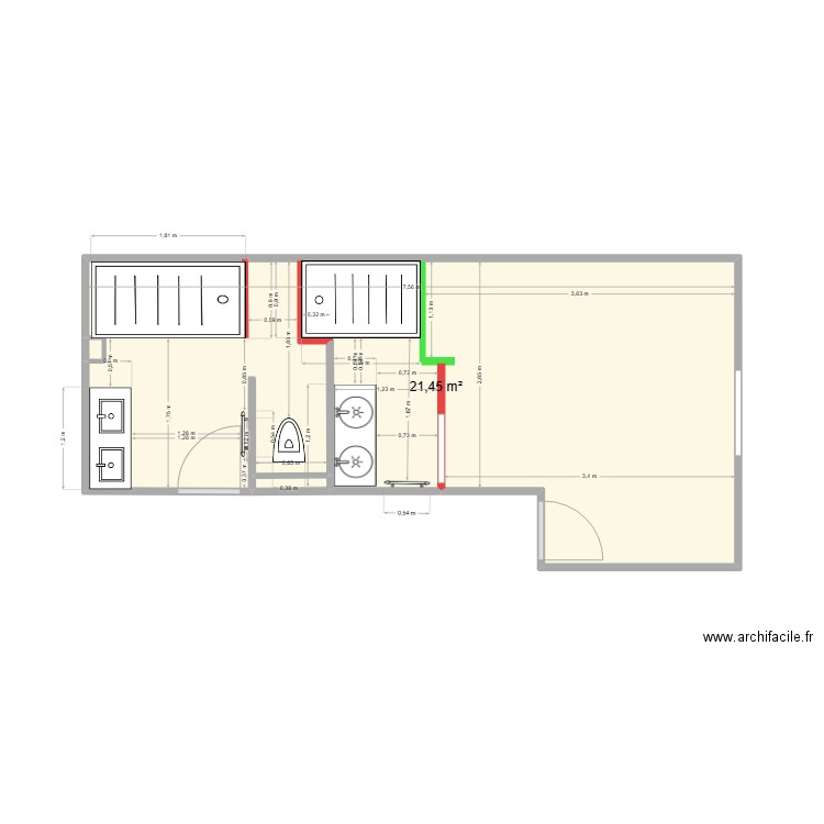 SDB Plan de Carros remodeler 1. Plan de 3 pièces et 22 m2