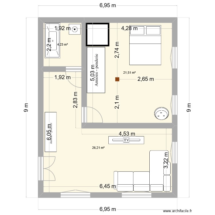 grande pièce. Plan de 3 pièces et 52 m2