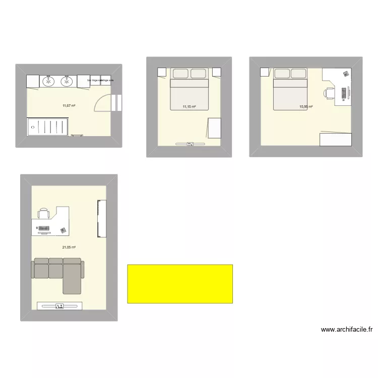 SDB Chambres Bureau perso. Plan de 4 Pièces et 60 m²
