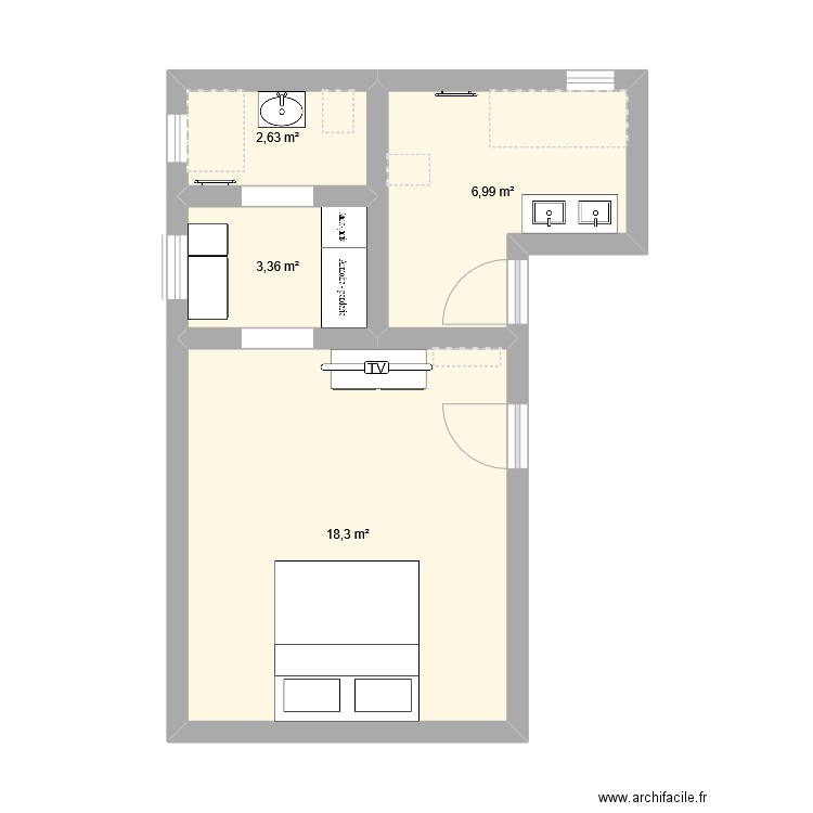 Suite parental + salle de bain. Plan de 4 pièces et 31 m2