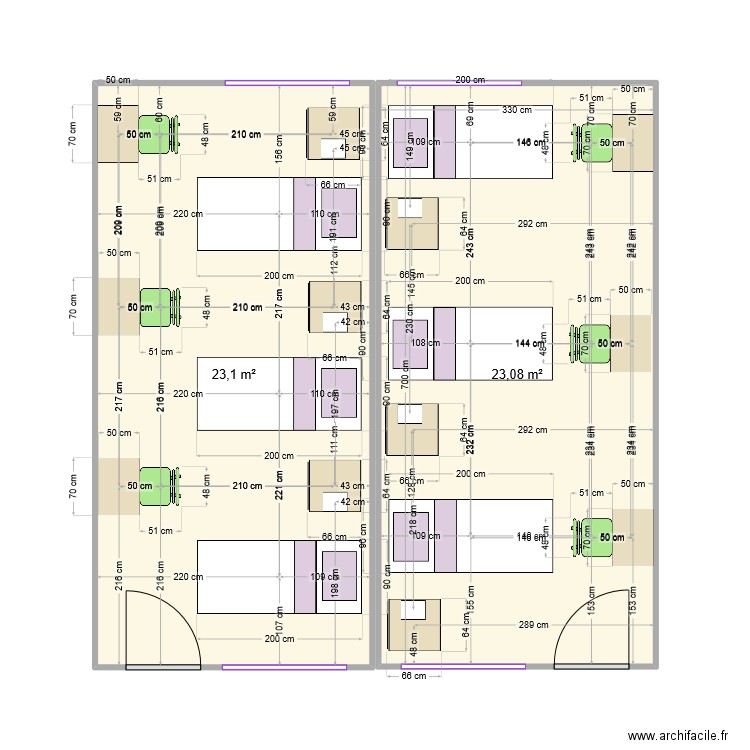 chambres internat. Plan de 2 pièces et 46 m2
