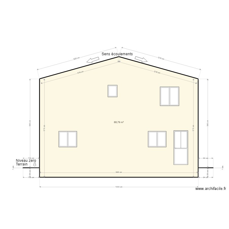 Façade sud Ouest. Plan de 1 pièce et 69 m2