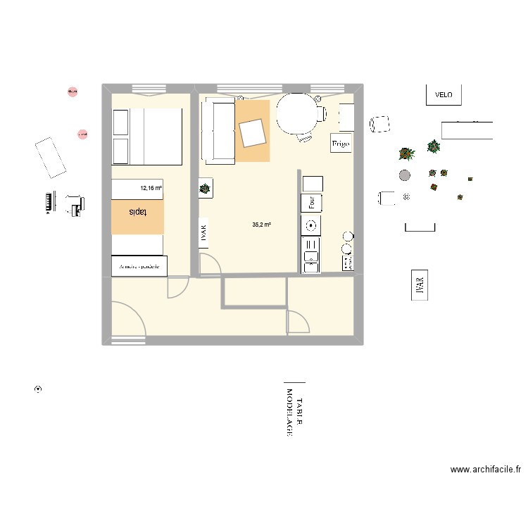 Chambre BIS 1. Plan de 2 pièces et 47 m2