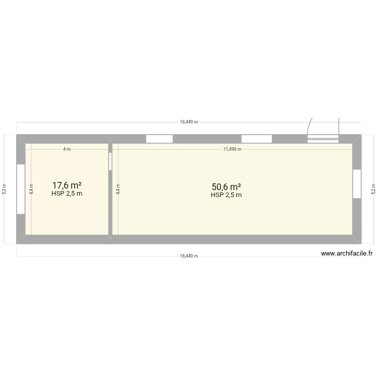 Boulangerie vide. Plan de 2 pièces et 68 m²