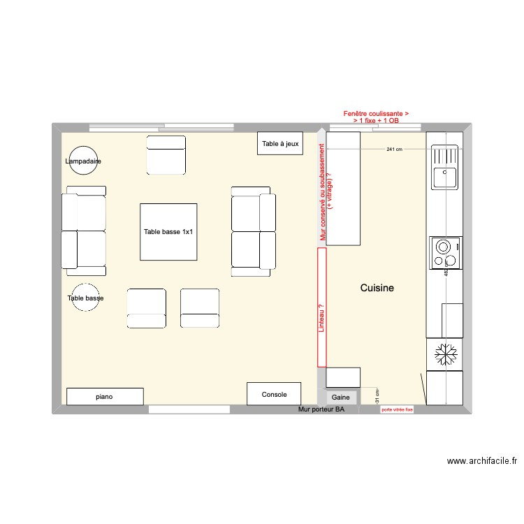 Cuisine base Darty. Plan de 3 pièces et 33 m2