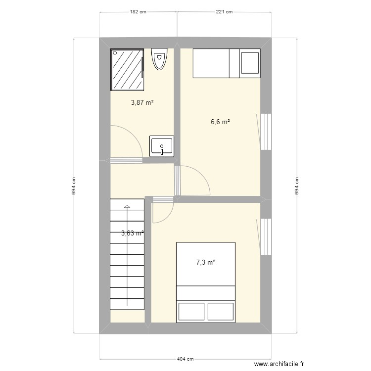 ste marie la mer 2024 V1 etage 2ch. Plan de 4 pièces et 21 m2