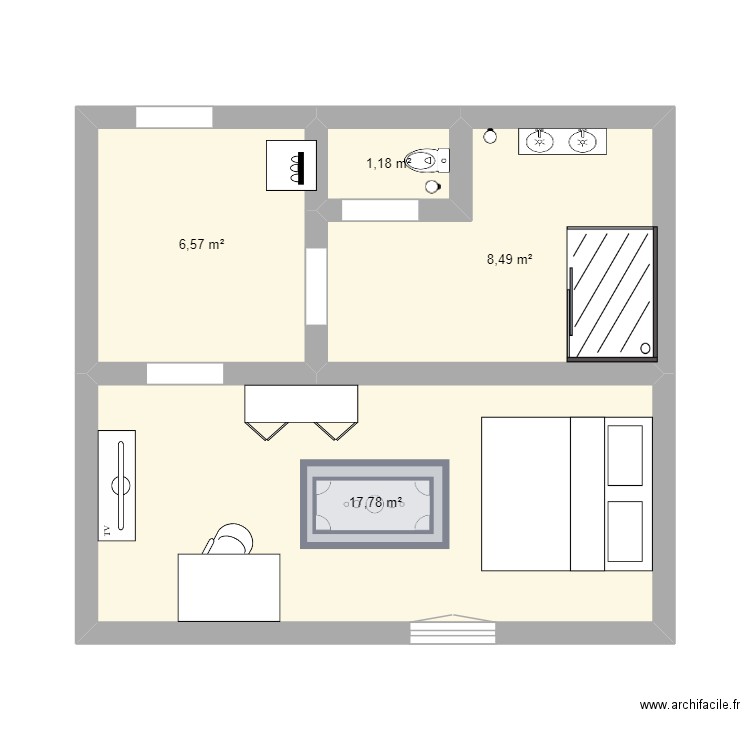 chambre. Plan de 4 pièces et 34 m2