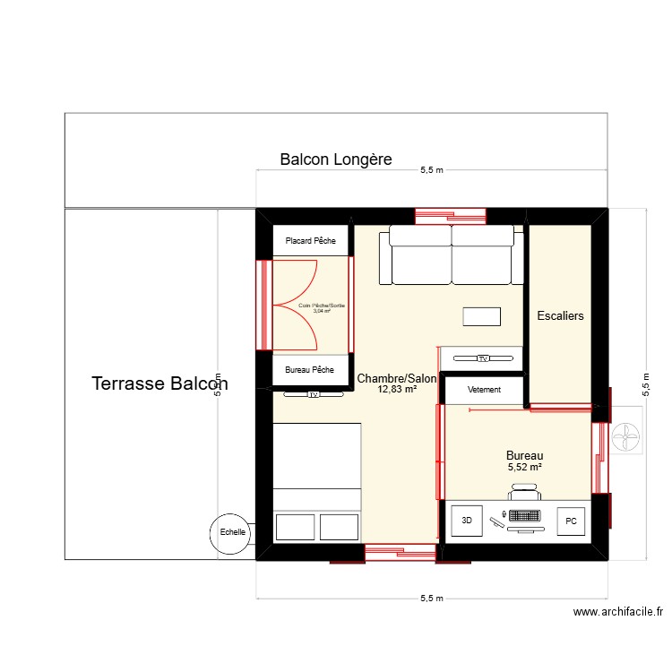 25m². Plan de 6 pièces et 48 m2