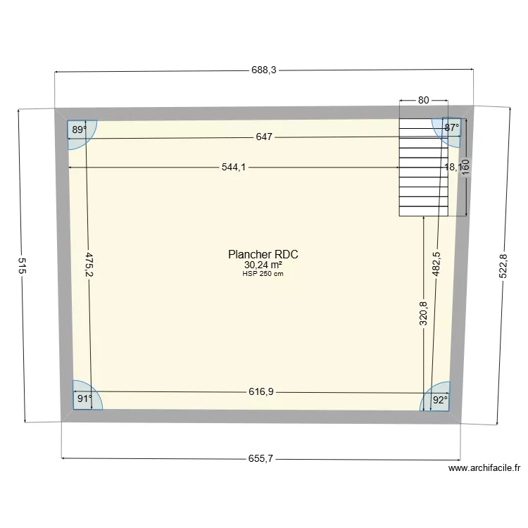 Plancher RDC avec escalier. Plan de 1 et 30 m² Plancher RDC avec escalier. Plan de 1 et 30 m²