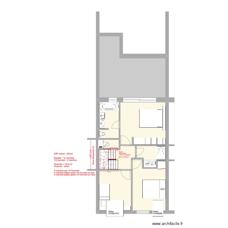 Banning 83  Rez+3 - Escalier vers Rez+4 - 1/4T 3 marches . Plan de 8 pièces et 73 m2