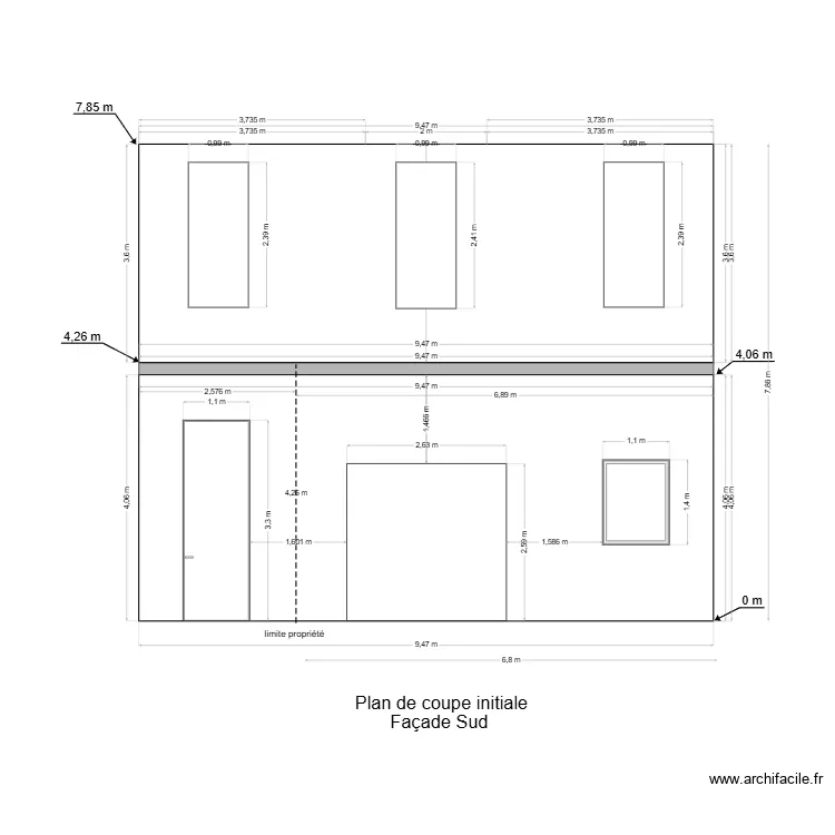 Plan de coupe Fa&ccedil;ade sud initiale. Plan de 