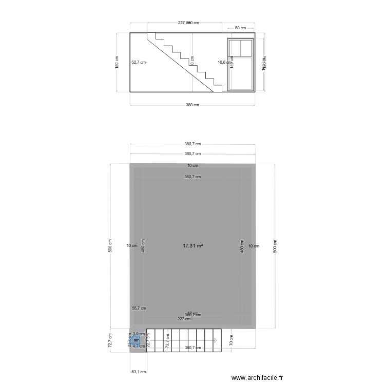 Bourdrel coupe escalier. Plan de 2 pièces et 17 m2