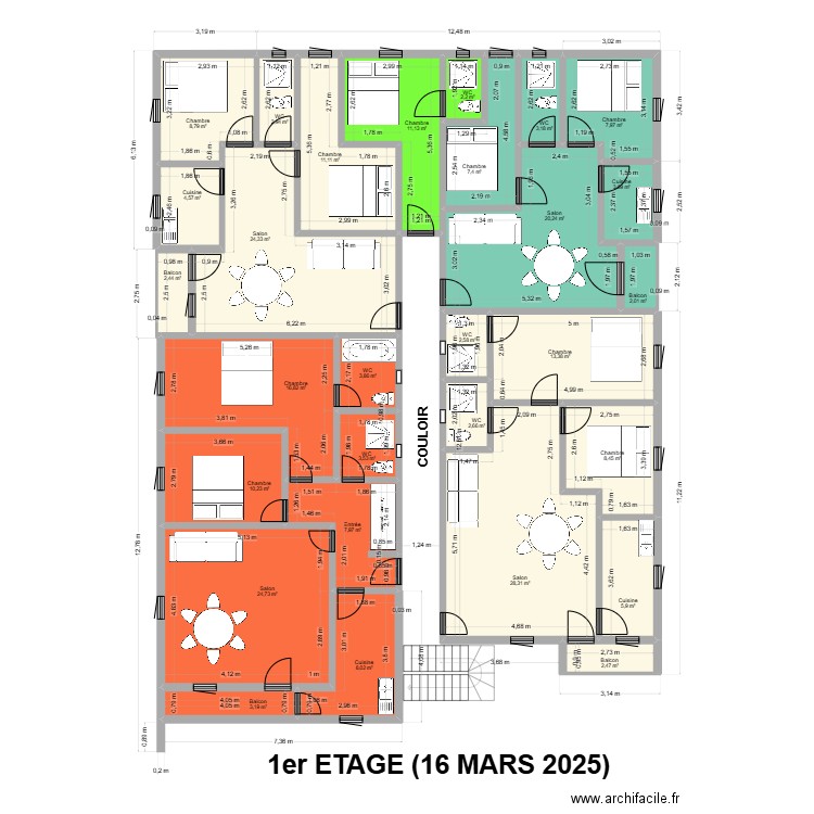 1ER ETAGE 16 MARS 2025. Plan de 29 pièces et 254 m2