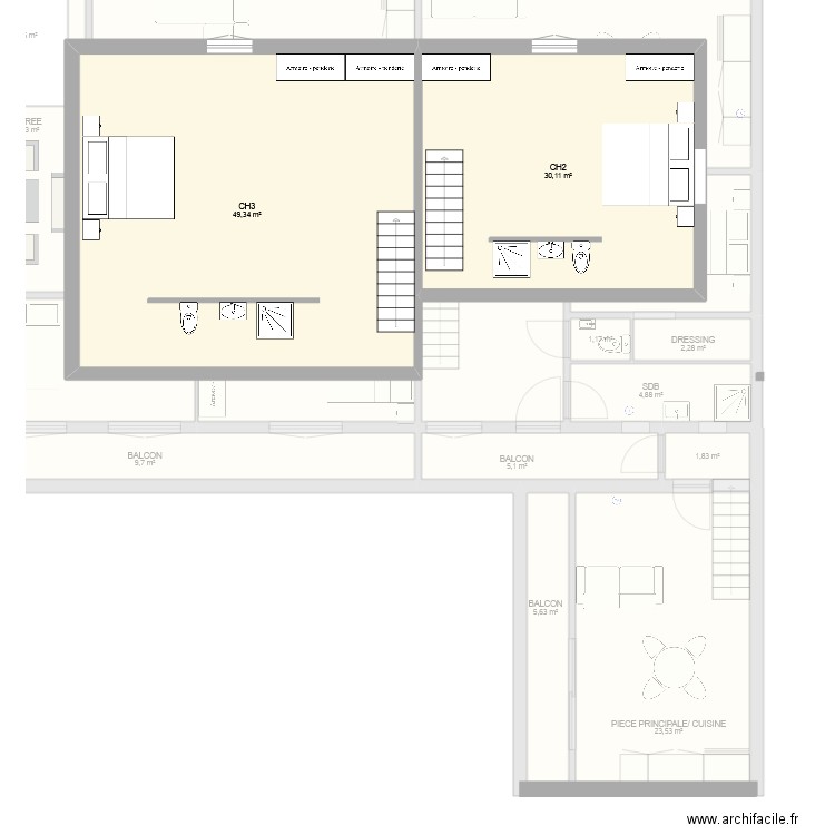 REDISTRIBUTION MUSQUET. Plan de 34 pièces et 489 m2