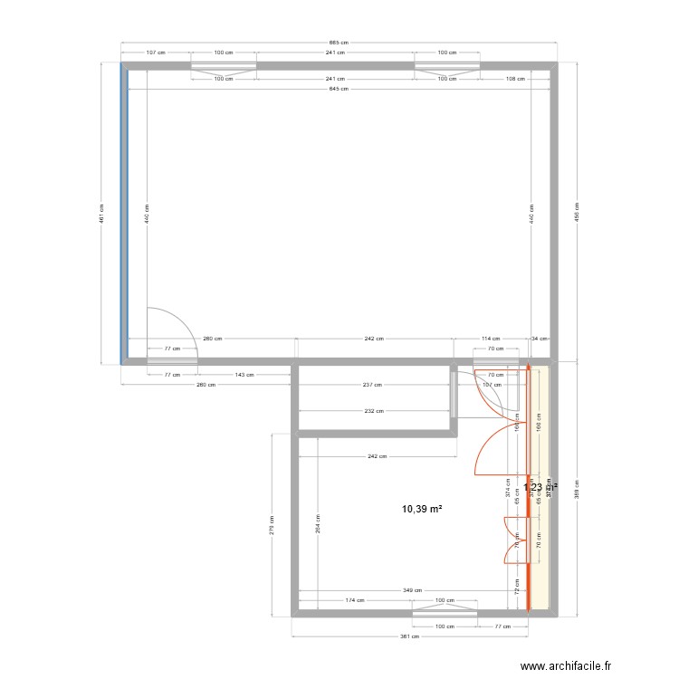 Thuillat T2 1er existant . Plan de 2 pièces et 12 m2