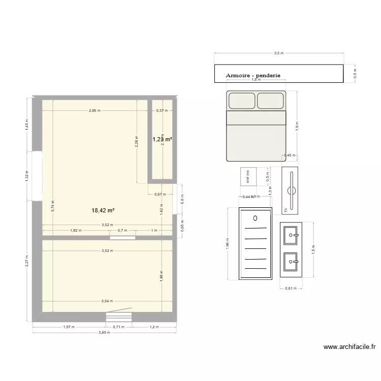 Chambre parental 2026 standart. Plan de 2 Pièces et 20 m² Chambre parental 2026 standart. Plan de 2 Pièces et 20 m²