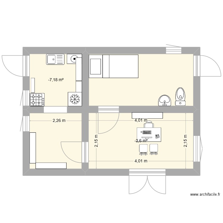 reception. Plan de 2 pièces et 13 m2